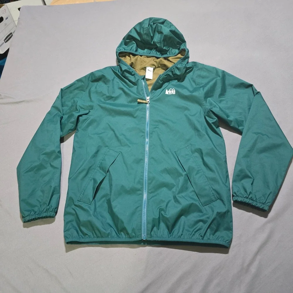 REI Co-op Windbreaker Jacket Kids XL Teal Green Mesh Lined Hooded Full Zip